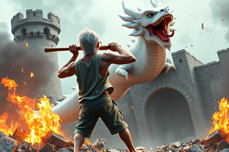 Cartoon 3D High-Resolution,dynamic battle scene using Unreal Engine 5 and Octane Render. The scene features back of an elderly, thai man with a beard,messy hair and round golden-rimmed glasses. He is wearing a tattered tank top with soot marks, shorts, and sandals. sweating. he wields a baseball bat. He jump to fight with a white fire-breathing Europe dragon amidst a partially destroyed stone castle. Include intense flames, smoke, and debris to enhance the dramatic effect.