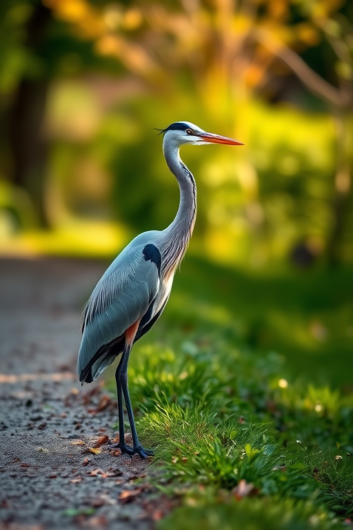 A majestic heron standing gracefully by the edge of a path, captured with a Canon EOS R5, 85mm lens, f/2.8 aperture, ISO 100, 1/1000 sec shutter speed, natural light, shallow depth of field, soft bokeh background.