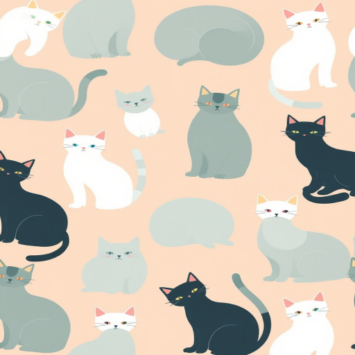 create a seamless pattern featuring soft, abstract shapes of cats in various poses, with a pastel peach background, using a digital art style, captured with a high-resolution camera at f/2.8 aperture, 50mm lens, and a shallow depth of field for a dreamy effect