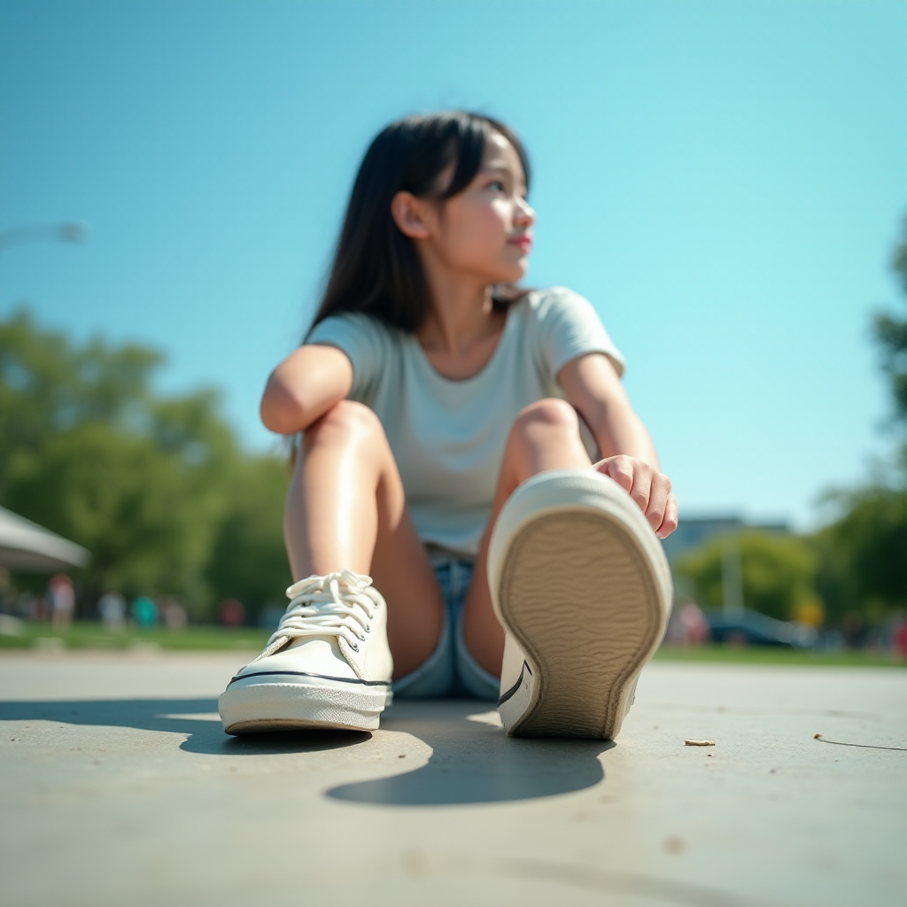 Generate an ultra-realistic, highly detailed, high-definition photograph. It's a photo of a girl sitting on the floor. She's looking at the horizon. The photo is taken from the bottom up, at ground level. The girl's sneakers are in the foreground, in the center of the scene. The girl is wearing light clothes, a t-shirt and short shorts. The sky is blue. Bright environment. The background is a blurred image of a park.