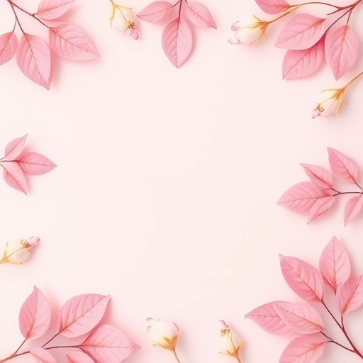 Create a high-resolution floral border design with pink leaves and soft gold accents on a light pink background, using a Canon EOS R5, 50mm f/1.8 lens, aperture set to f/2.8, shot from an overhead view for a vibrant and delicate appearance.