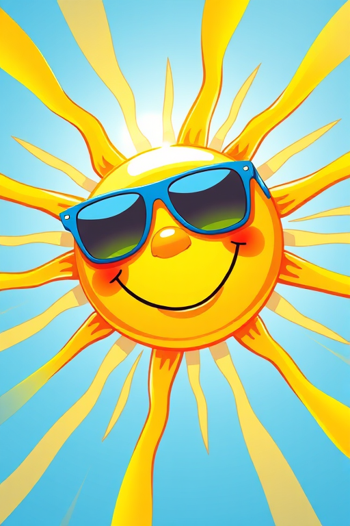 Create a vibrant illustration of a smiling sun wearing blue sunglasses, with radiating sun rays, using a digital art style in high resolution, shot with a Canon EOS R5 at f/8, 1/250s shutter speed, ISO 100, and a wide-angle lens to capture the brightness and details.