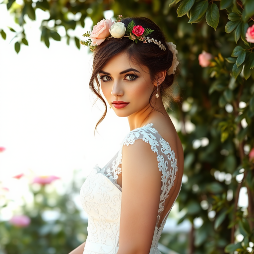 Garden scene, bridal model, delicate lace gown, floral headpiece, soft romantic focus, high-key lighting and an 85mm lens for soft, even tones that highlight the model’s face and bright outfit against a white or light background