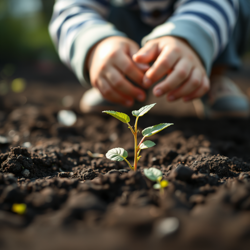 A child planting a small seedling in rich dark soil, captured from a low angle with soft focus on the background, using a shallow depth of field (f/2.8), 50mm lens, natural lighting, and a DSLR camera for enhanced detail.