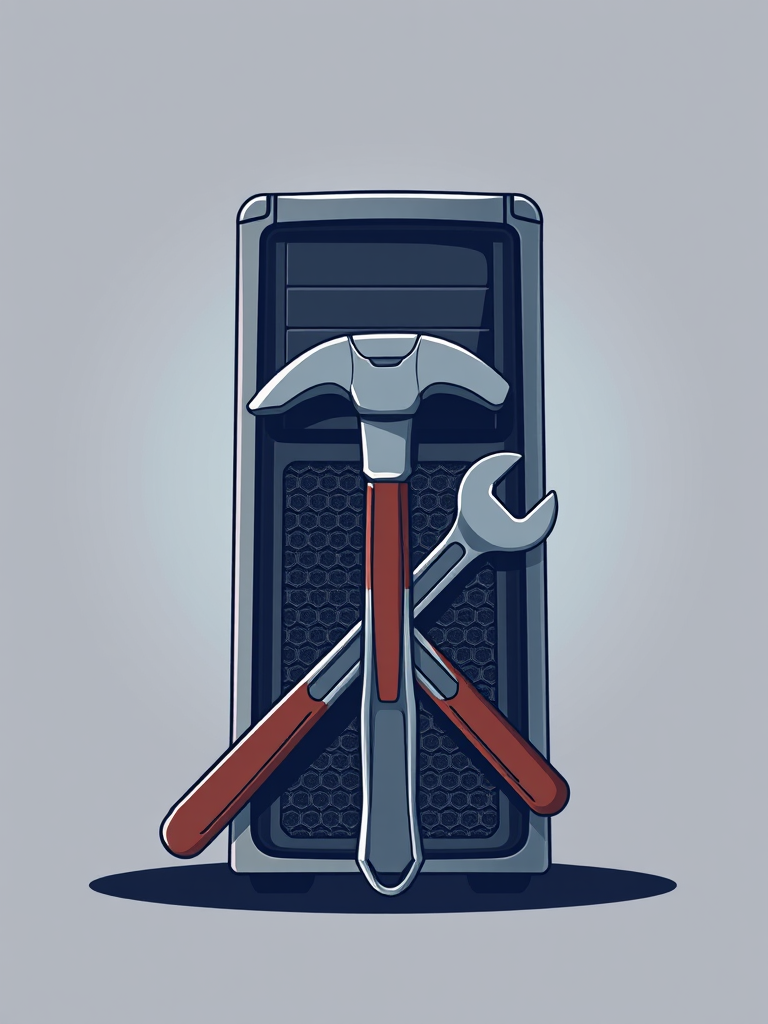 Create a high-resolution illustration of a computer tower with a hammer and wrench crossed in front of it, using a Canon EOS 5D Mark IV with a 50mm lens, aperture f/1.8, ISO 100, soft lighting, from a straight-on view, in a vector art style.