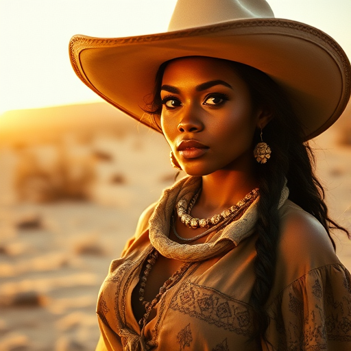 Dramatic photo of a beautiful Fijian woman, classic cowboy attire, confident and free spirit expression, half-length portrait, centered, golden hour desert landscape, warm, diffused light, low angle, medium format film camera, in style of Annie Leibovitz.