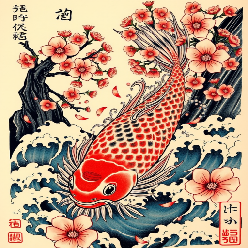 Japanese irezumi tattoo called "Koi Ascension" depicting a large-scale traditional scene of koi fish swimming upstream amidst cherry blossoms and turbulent waves with bold colors and black outlines