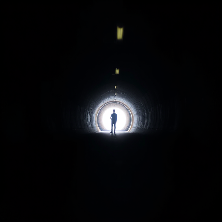 a dimly lit tunnel with a figure standing in the distance illuminated by light at the end, use a Canon EOS R5 camera, 50mm lens, aperture f/1.8, ISO 400, shutter speed 1/200s, shot from a low angle to emphasize depth and perspective, soft focus on the foreground for a dreamy effect