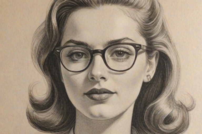 Comely Annie Jacob, pencil sketch, portrait of Beauteous woman 1944s in glasses, hair style beatnik, outline, clear lines, fine lines, 8k
