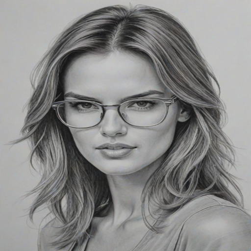 Attractive Alessandra Ambrosio, pencil sketch, portrait of Delightful woman 1973s in glasses, hair style beatnik, outline, clear lines, fine lines, 8k