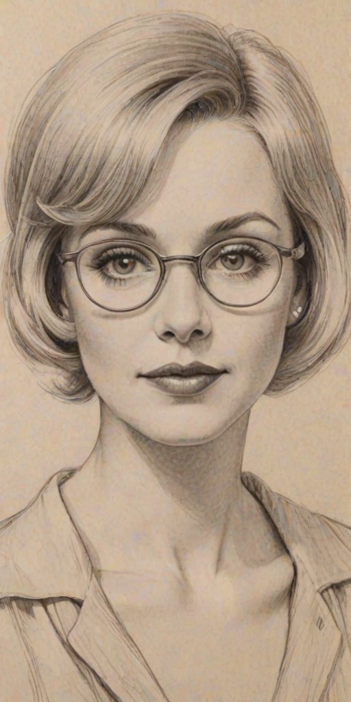 Enticing Julia Duffy, pencil sketch, portrait of Lovely woman 1928s in glasses, hair style beatnik, outline, clear lines, fine lines, 8k