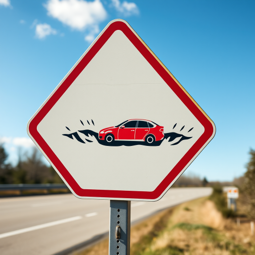 Generate an image of a warning sign depicting a car skidding on a road, using a DSLR camera at f/8 aperture, ISO 100, 24mm lens, shot from an eye level perspective with natural lighting to enhance clarity and detail.