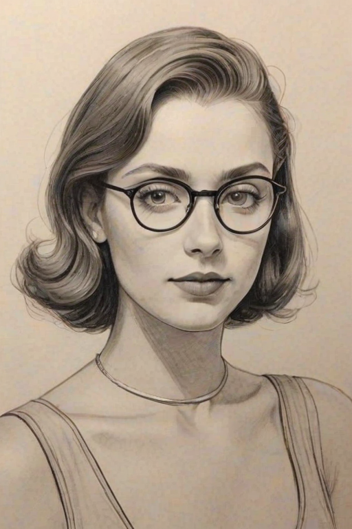 Enchanting Emma Chamberlain, pencil sketch, portrait of Elegant woman 1932s in glasses, hair style beatnik, outline, clear lines, fine lines, 8k