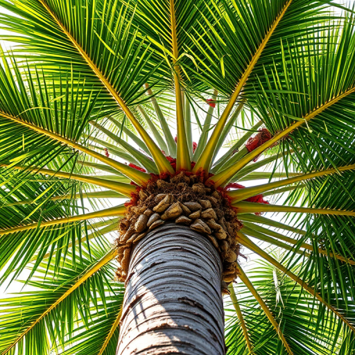 Create a highly detailed illustration of a palm tree with lush, vibrant green fronds, showcasing a thick, textured trunk, using a Canon EOS 5D Mark IV with a 50mm f/1.8 lens, aperture set to f/4 for sharpness, ISO 100 for clarity, in natural daylight conditions, focusing on a slightly upward angle to capture the tree's height and grandeur.