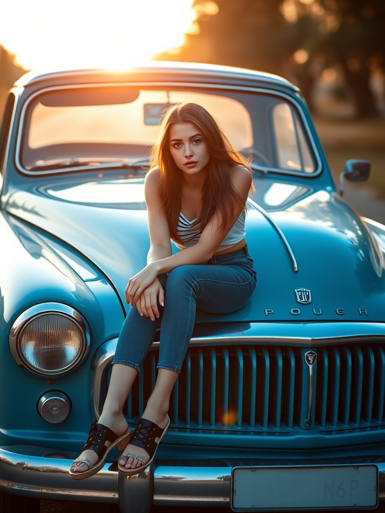Capture a young woman sitting on the hood of a blue vintage car during golden hour, shallow depth of field, aperture f/2.8, ISO 100, 35mm lens, soft natural light, focus on the subject with a blurred background, shot in RAW format for superior detail.