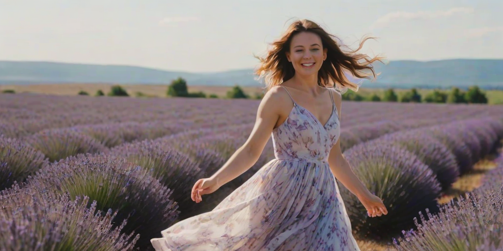 Blurry, candid photo of a woman spinning in a field of lavender, her dress flowing in the wind, sunlight filtering through the flowers, soft focus on the distant horizon where purple blends into blue sky.