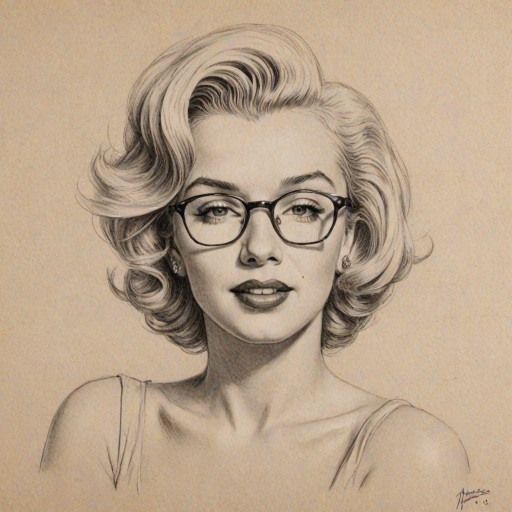 Sublime Marilyn Monroe, pencil sketch, portrait of Comely woman 1949s in glasses, hair style beatnik, outline, clear lines, fine lines, 8k
