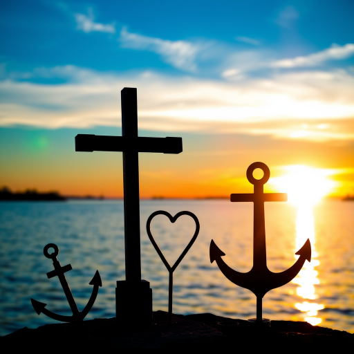 Create a vibrant sunset over water with the silhouettes of a cross, heart, and anchor in the foreground, using a DSLR camera with a 50mm lens at f/1.8, ISO 100, and a shutter speed of 1/200s, capturing the scene from a low angle to emphasize reflections and lens flare for added depth and warmth.