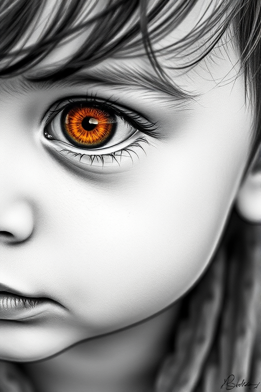 A hyperdetailed photorealistic black and white sketch of a beautiful toddler with deep orange eyes, with a macro focus