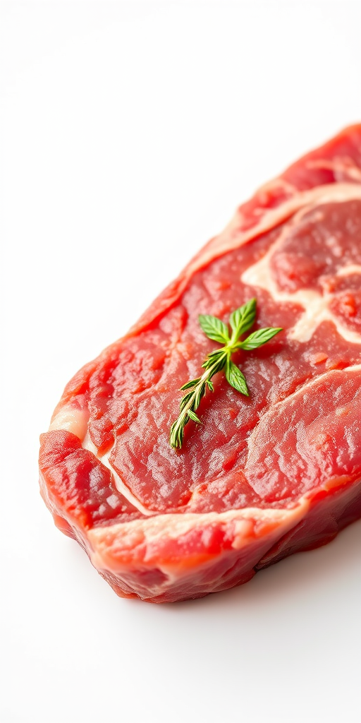 Generate a high-resolution image of a raw steak on a white background, close-up view, using a DSLR camera with a 50mm lens, aperture set to f/2.8, ISO 100, and natural lighting for enhanced detail and color contrast.