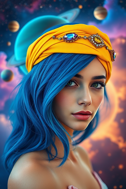 regenerate a high-resolution portrait of a woman with vibrant blue hair and a yellow headband adorned with colorful gemstones, set against a cosmic background filled with planets and colorful clouds, using a Canon EOS R5 camera with a 50mm lens, aperture f/1.8, ISO 100, and shallow depth of field for enhanced detail and clarity