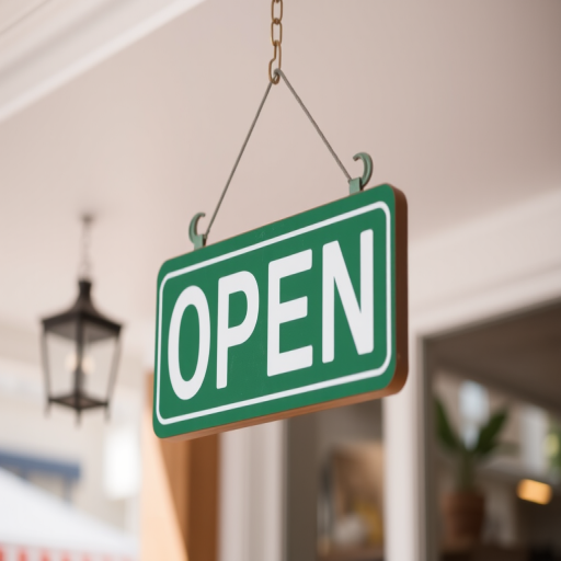 Create an image of a hanging "OPEN" sign with a green and white design, shallow depth of field, focus on the sign with a blurred background, shot with a 50mm lens, f/1.8 aperture, ISO 200, and natural lighting.