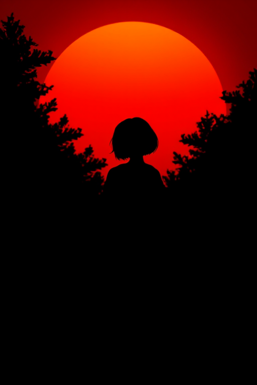 Create a digital illustration of a silhouette of a girl with short hair standing in a foreground of dark trees against a large red sun setting in the background, using high contrast colors, with a Canon EOS R5, ISO 100, aperture f/2.8, shutter speed 1/125s, shot from a low angle to emphasize the sunset and enhance depth of field.