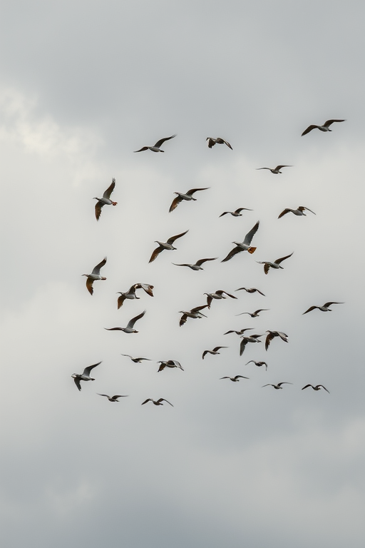 show a flock of birds flying in the sky with overcast clouds in the background, use a Canon EOS R5 camera with a 70-200mm f/2.8 lens, set aperture to f/5.6, shutter speed 1/1000s, ISO 200, capture in landscape mode for a wider view.