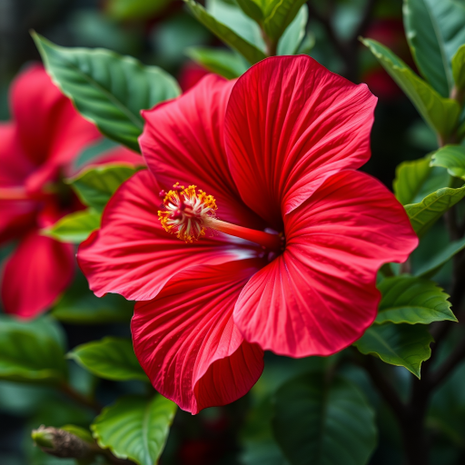 Create a vibrant and detailed illustration of a red hibiscus flower with lush green leaves, using a DSLR camera, f/2.8 aperture, 50mm lens, macro mode, shot from a low angle to enhance depth and focus on petal texture.