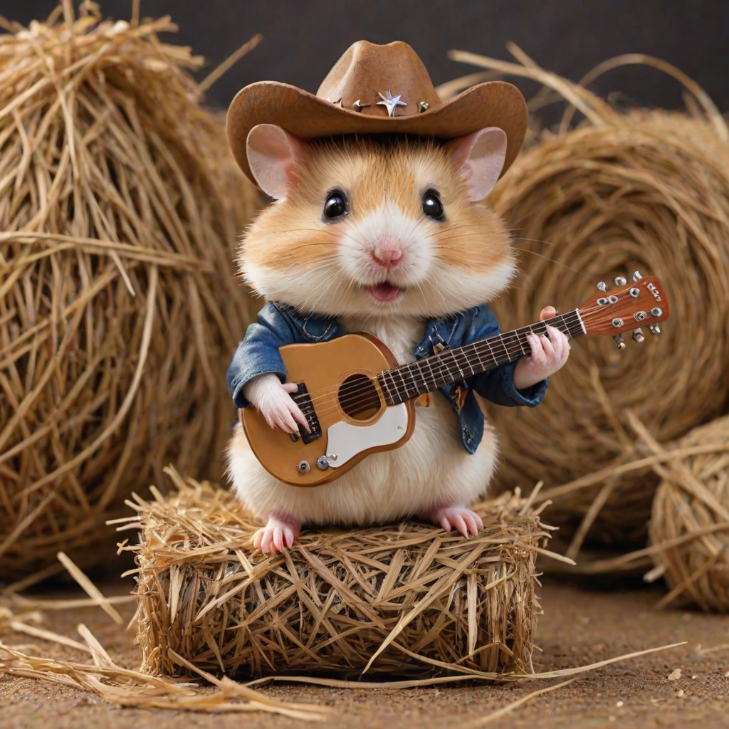 A chibi hamster, dressed as a cowboy, playing guitar, sitting on a hay bale