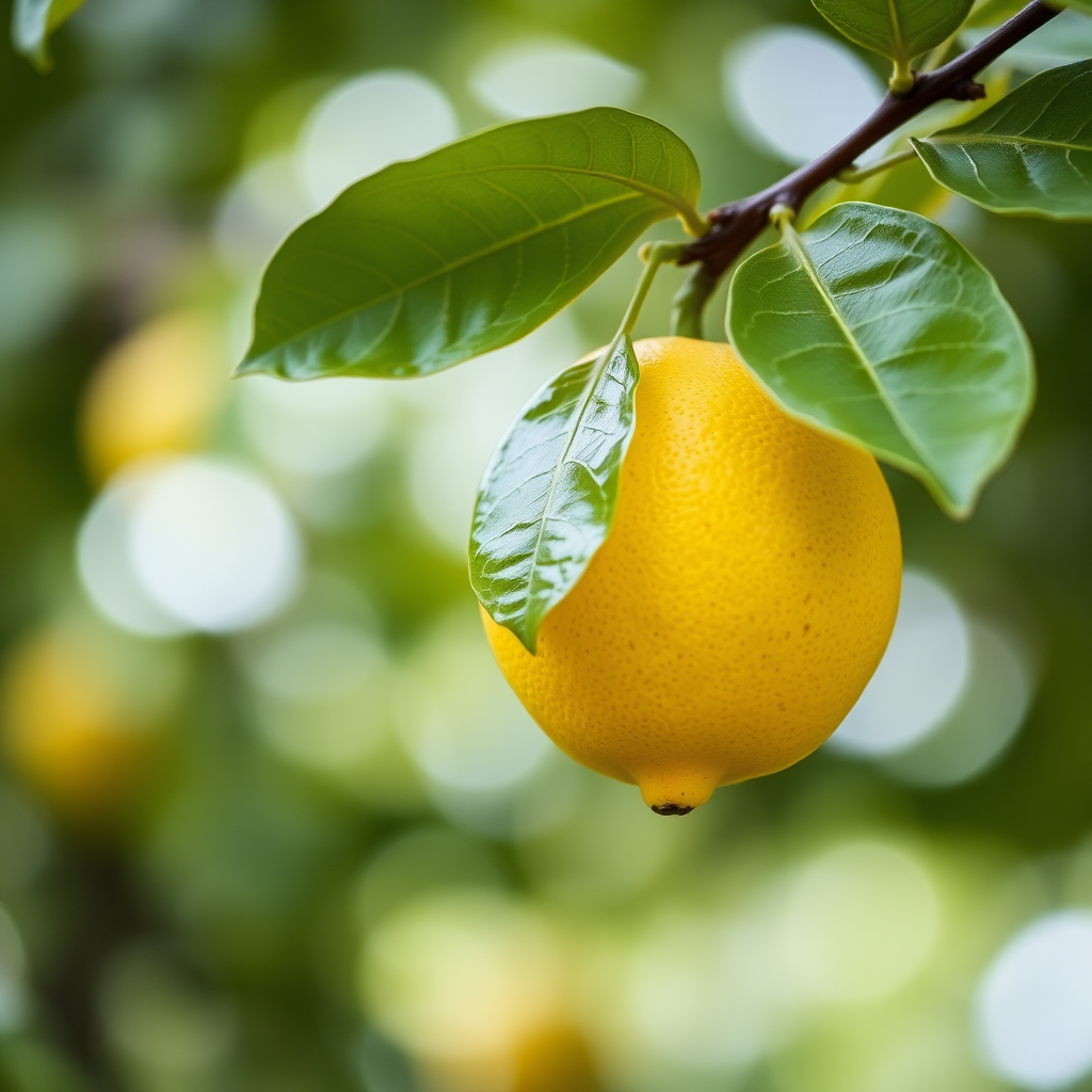 lemon hanging from a branch with green leaves, shallow depth of field, macro lens, f/2.8 aperture, 50mm focal length, ISO 100, natural lighting, soft bokeh background