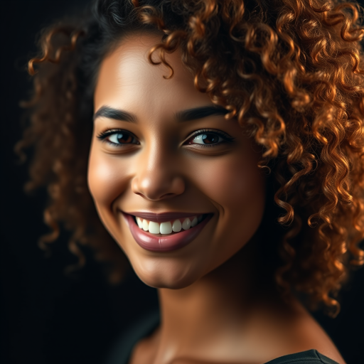 Create a close-up portrait of a smiling woman with curly hair on a dark background, using a Canon EOS R5 camera, 85mm lens, aperture f/1.8, ISO 100, and soft natural lighting to enhance details and textures.