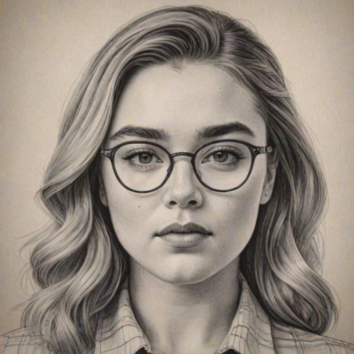 Stunning Florence Pugh, pencil sketch, portrait of Lovely woman 1964s in glasses, hair style beatnik, outline, clear lines, fine lines, 8k