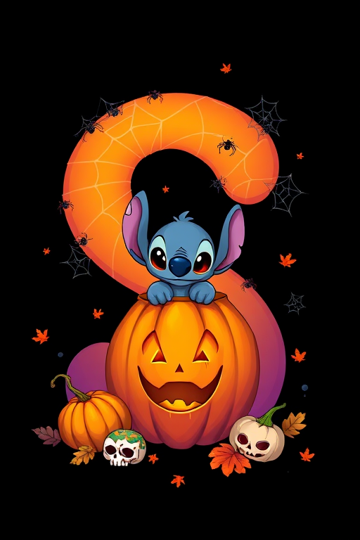 A whimsical and vibrant Halloween-themed digital illustration featuring the letter "S" adorned with spider webs, small bats, and cute spiders. At the base of the letter, a playful alien character similar to Stitch is peeking out from inside a carved pumpkin with glowing eyes, surrounded by additional pumpkins, a small skull, and autumn leaves. The letter is gradient-colored from orange to purple, adding a magical atmosphere to the scene, black background