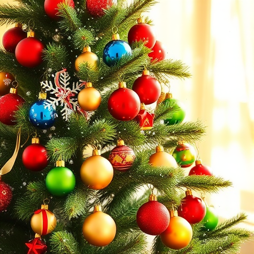Create an image of a beautifully decorated Christmas tree filled with colorful ornaments in shades of red, green, blue, and gold. Add white snowflakes scattered throughout the branches, capturing a festive and cheerful holiday spirit. The background should be bright and sunny to contrast with the vibrant decorations.