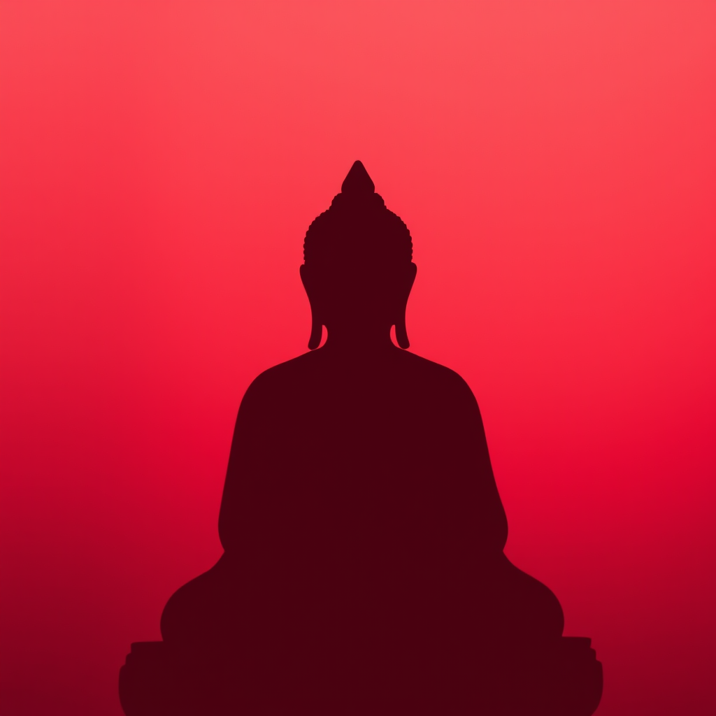 Create an image of a serene Buddha silhouette in red on a soft gradient background, with a Canon EOS R5 camera, f/2.8 aperture, 50mm lens, shot at 1/125 sec, using a wide-angle view to emphasize tranquility and depth.