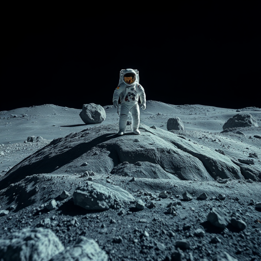 Astronaut standing on a rocky asteroid with two smaller asteroids nearby, captured with a Canon EOS R5, 24mm lens, f/2.8 aperture, ISO 100, 1/500 sec exposure, wide-angle view, high dynamic range for enhanced details and contrast, nighttime space setting.