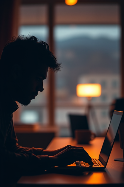 Create an image of a silhouette of a person working intently at a laptop, captured in a soft-focus style with a 50mm lens at f/2.8, with a warm light source and a shallow depth of field to enhance the background blur, using a digital camera with a high resolution setting.