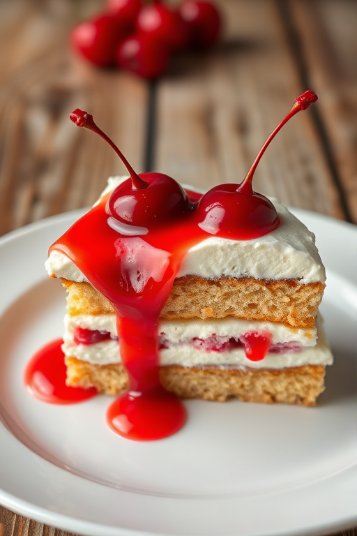 A delicious slice of layered dessert featuring creamy filling and topped with bright red cherry glaze served on a white plate with a rustic wooden background.