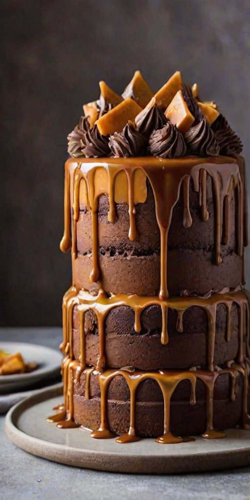 Create an image of a tall, decadent cake with layers of caramel and chocolate. The cake should be frosted with a smooth, creamy frosting and adorned with chocolate chunks and swirls of caramel on top. Drizzle caramel sauce over the sides, allowing it to drip down. Include chocolate chips scattered on the top for decoration. The setting should be a rustic wooden cake stand against a softly patterned background.