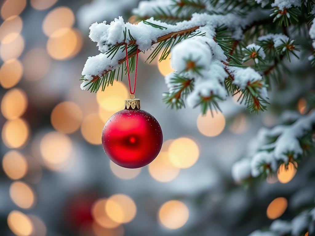 Create an image of a snow-covered evergreen tree branch with a single red ornament hanging from it. The background should feature soft, warm bokeh lights to evoke a festive atmosphere. Make sure the focus is on the ornament and the delicate snow on the branches.