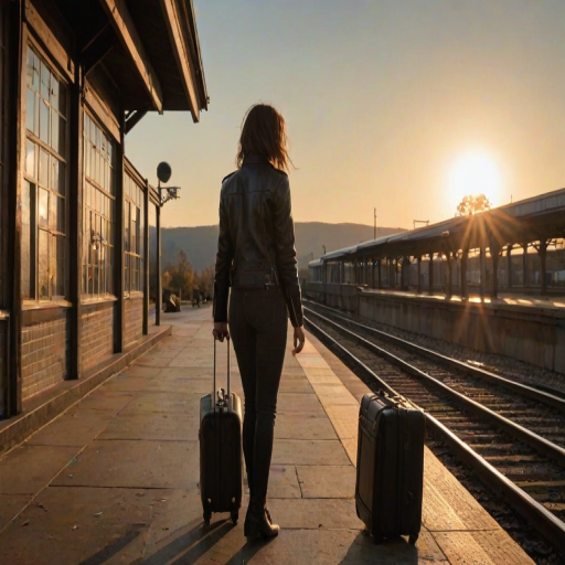 Deserted train station, with the sun setting behind distant hills, a woman in a leather jacket waits on the platform, her suitcase at her feet as the wind rustles the leaves around her.