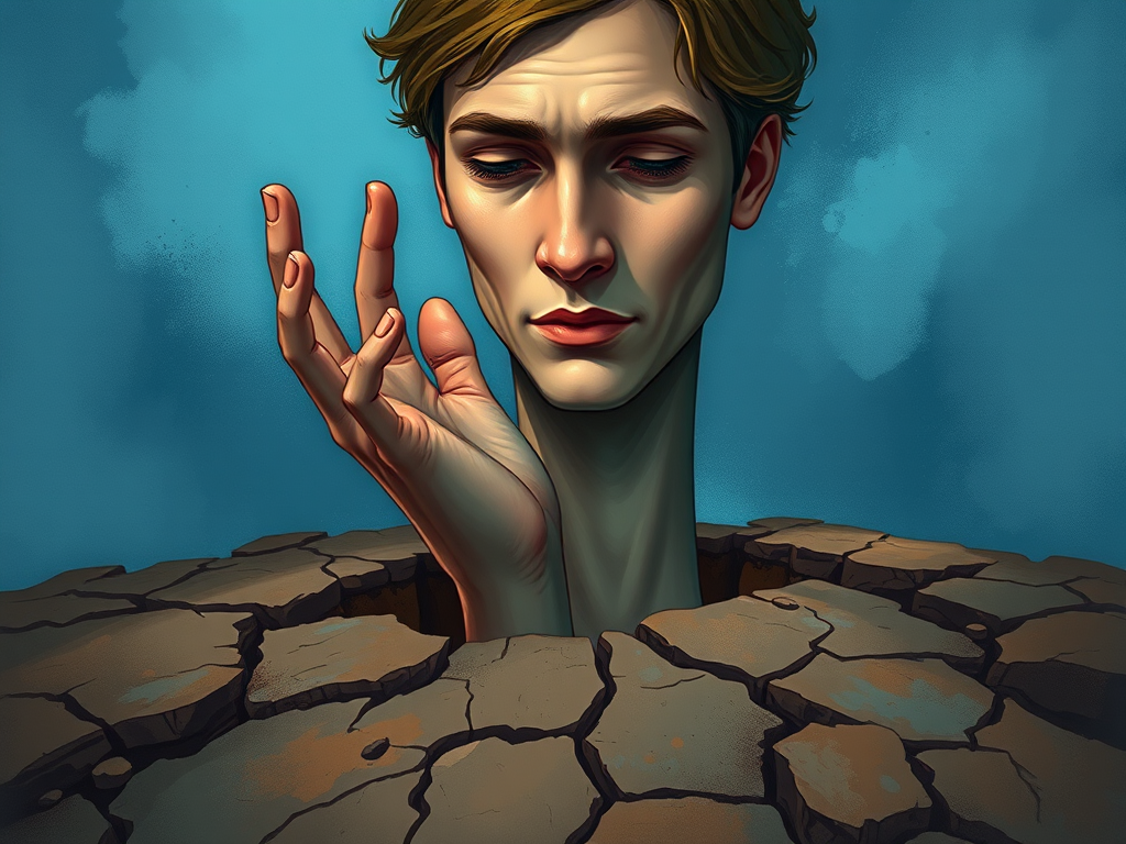 illustration of a human hand emerging from cracked earth, a contemplative expression on the face, surrounded by abstract blue background, use Canon EOS R5 with 50mm f/1.2 lens, aperture f/8, ISO 100, soft lighting for enhanced texture and color saturation, digital art style