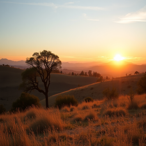 Generate a high-resolution image of a serene landscape during golden hour, with soft lighting and gentle shadows, using a Canon EOS R5 camera, 50mm lens, aperture f/1.8, shutter speed 1/250 sec, ISO 100, shot at eye level with a wide dynamic range to capture vibrant colors.
