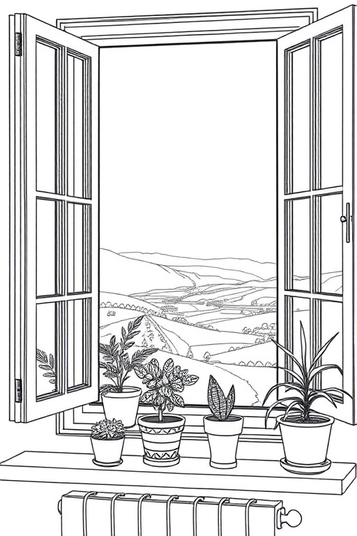 Regenerate a detailed line drawing of a window open to a scenic landscape, including potted plants on the windowsill, soft natural lighting, shot with a DSLR camera, ISO 100, f/8, 24mm lens, focus on depth of field.