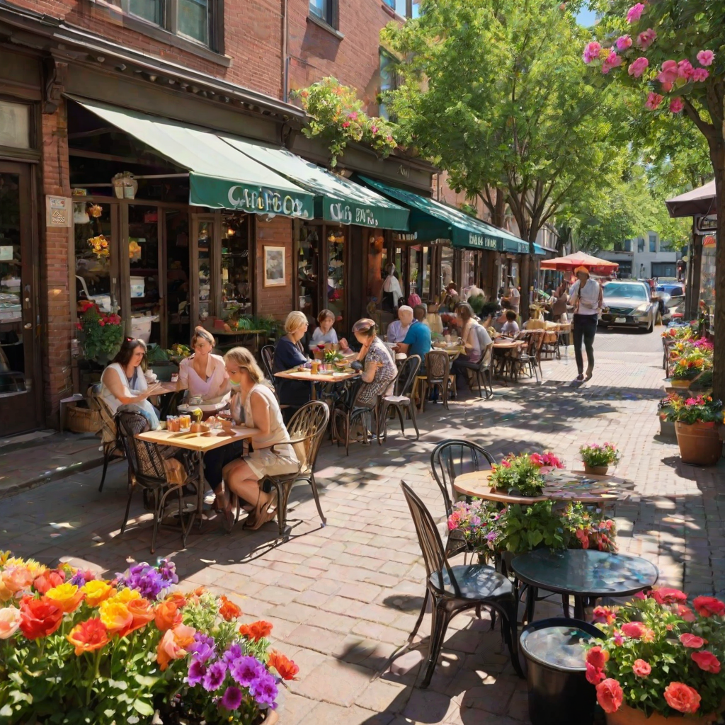 Charming cafe patio, with patrons enjoying coffee and pastries, flowers blooming in colorful pots, and sunlight casting dappled shadows on the ground.