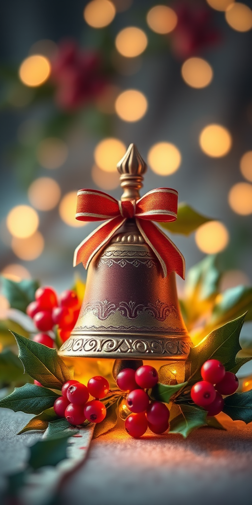 Create an artistic illustration of a decorated bell surrounded by holly leaves and red berries on a festive background with soft glowing lights, captured with a DSLR camera at f/2.8 aperture, ISO 100, with a shallow depth of field in portrait orientation to enhance focus on the bell.