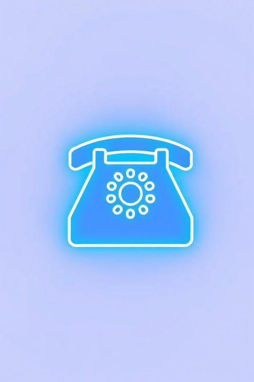 Create a high-resolution image of a neon blue telephone icon on a white background, using a DSLR camera with a 50mm lens, aperture set to f/1.8, ISO 100, and a soft focus style to enhance glow effects.