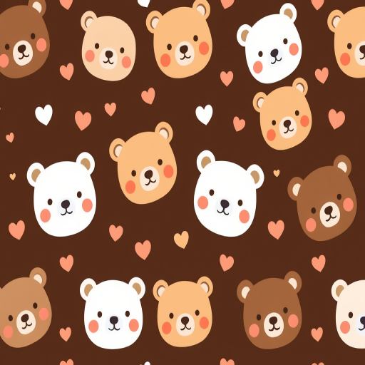 Cute seamless pattern featuring adorable bear faces in various colors including white, light brown, and dark brown on a dark brown background with small hearts and stars scattered throughout. The bears have simple, cartoonish features and a charming, playful vibe.