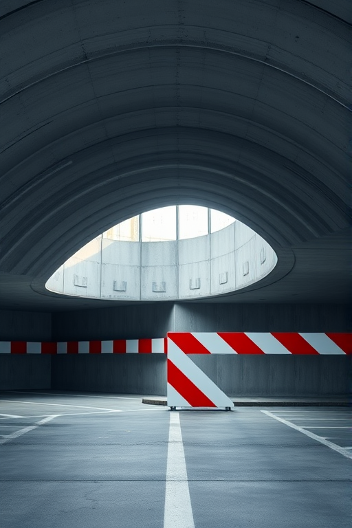 Photograph an abstract view of a modern parking garage interior featuring curved concrete walls and a sharp red and white striped barrier, using a Canon EOS R5 with a 24-70mm f/2.8 lens, ISO 100, aperture f/8, shutter speed 1/125s, natural lighting, wide-angle perspective for depth effect.